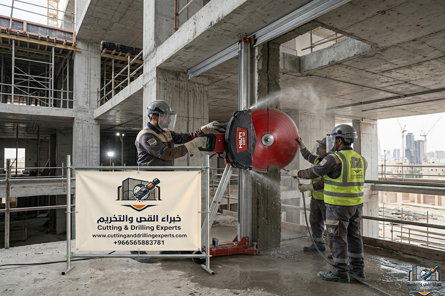 قص اسقف خرسانية حي النرجس بالرياض باستخدام أحدث معدات القص الماسي لتنفيذ فتحات المصاعد والسلالم والتمديدات الهندسية بدقة عالية مع الحفاظ على سلامة الهيكل الإنشائي